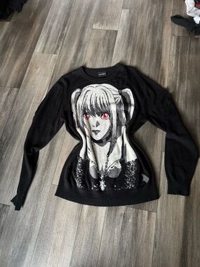 Death Note Black Misa Amane Graphic Distressed Pullover Sweater Crew Neck S
